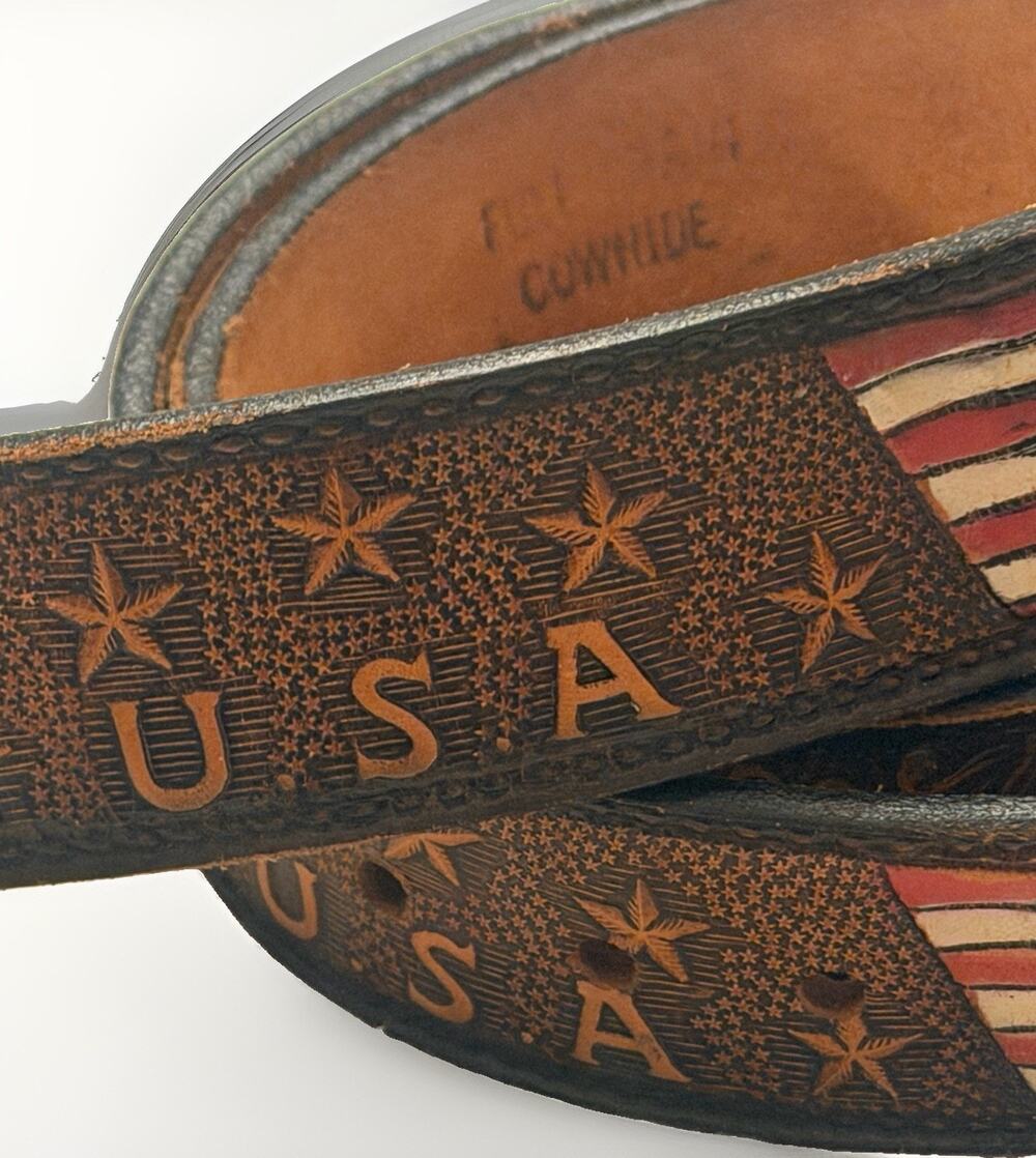 Vintage WESTERN Cowboy Belt USA America Hand Tooled Cowhide Stars & Stripes